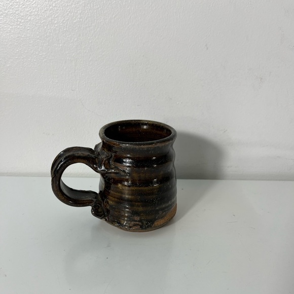 Handmade Wheel Thrown Pottery Mug Dark Chocolate Brown Glaze Funky Handle - Picture 3 of 8